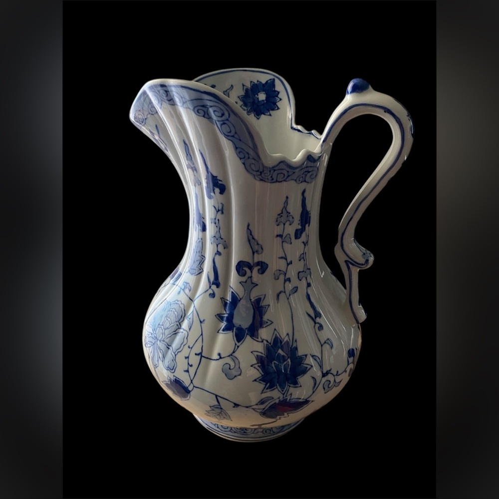 Andrea by Sadek Vintage Chinoiserie Blue and White Pitcher.